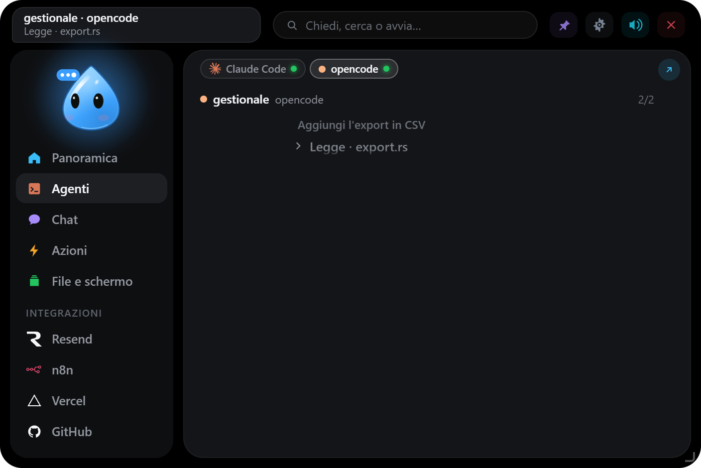 Scheda Agenti con Claude Code e opencode al lavoro