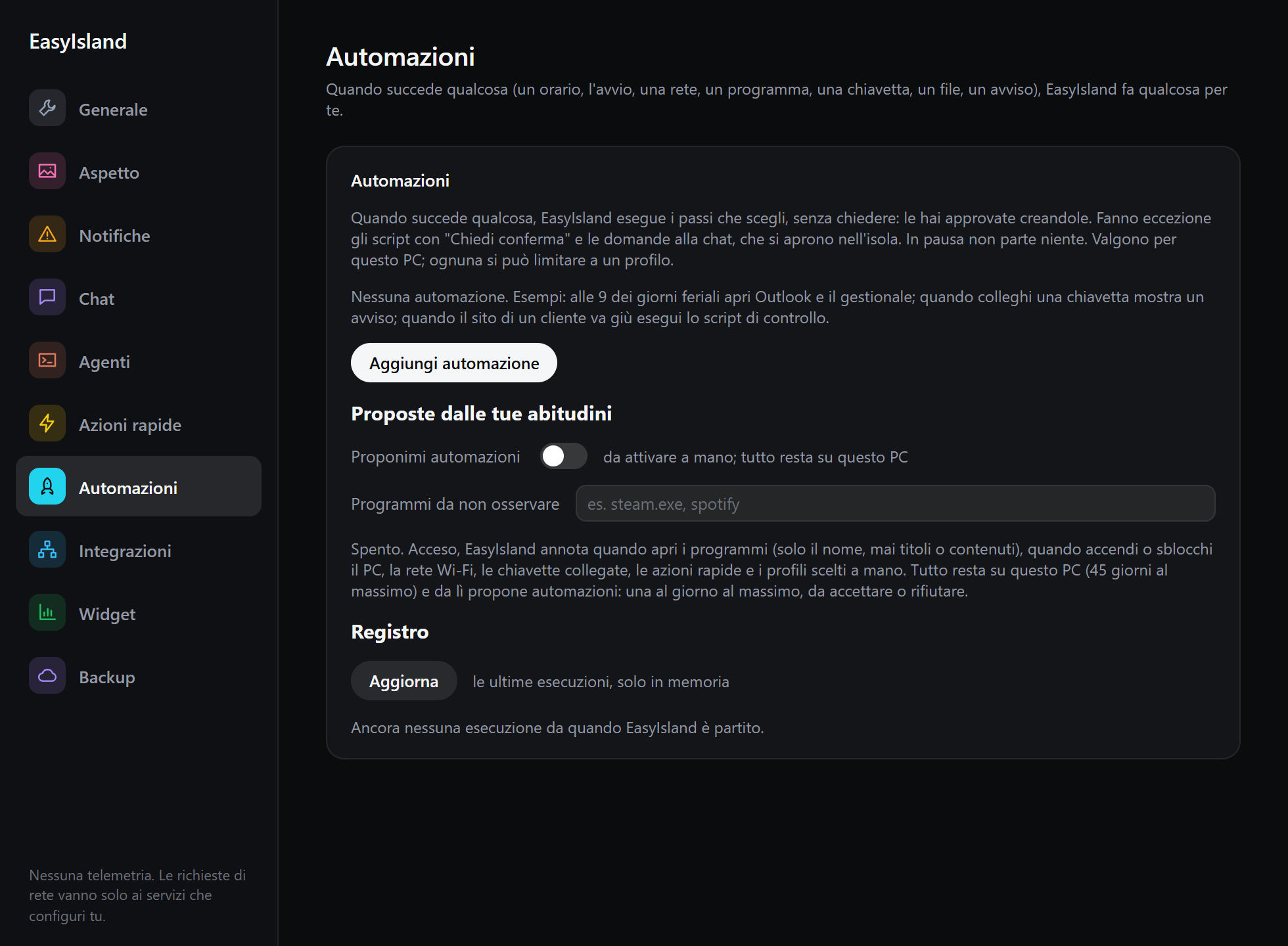 Impostazioni, pagina Automazioni