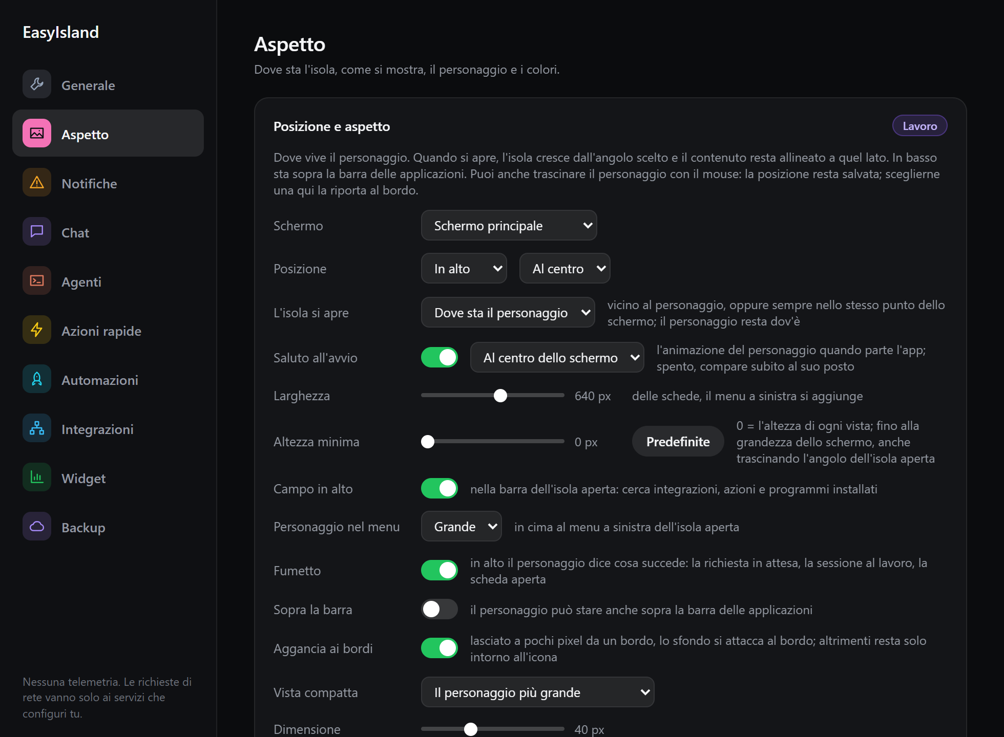 Impostazioni, pagina Aspetto